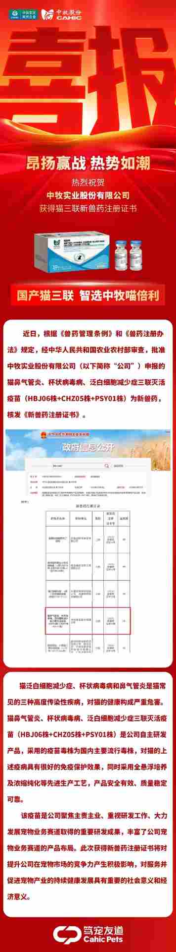 热烈祝贺!中牧实业股份有限公司获得猫三联新兽药注册证书